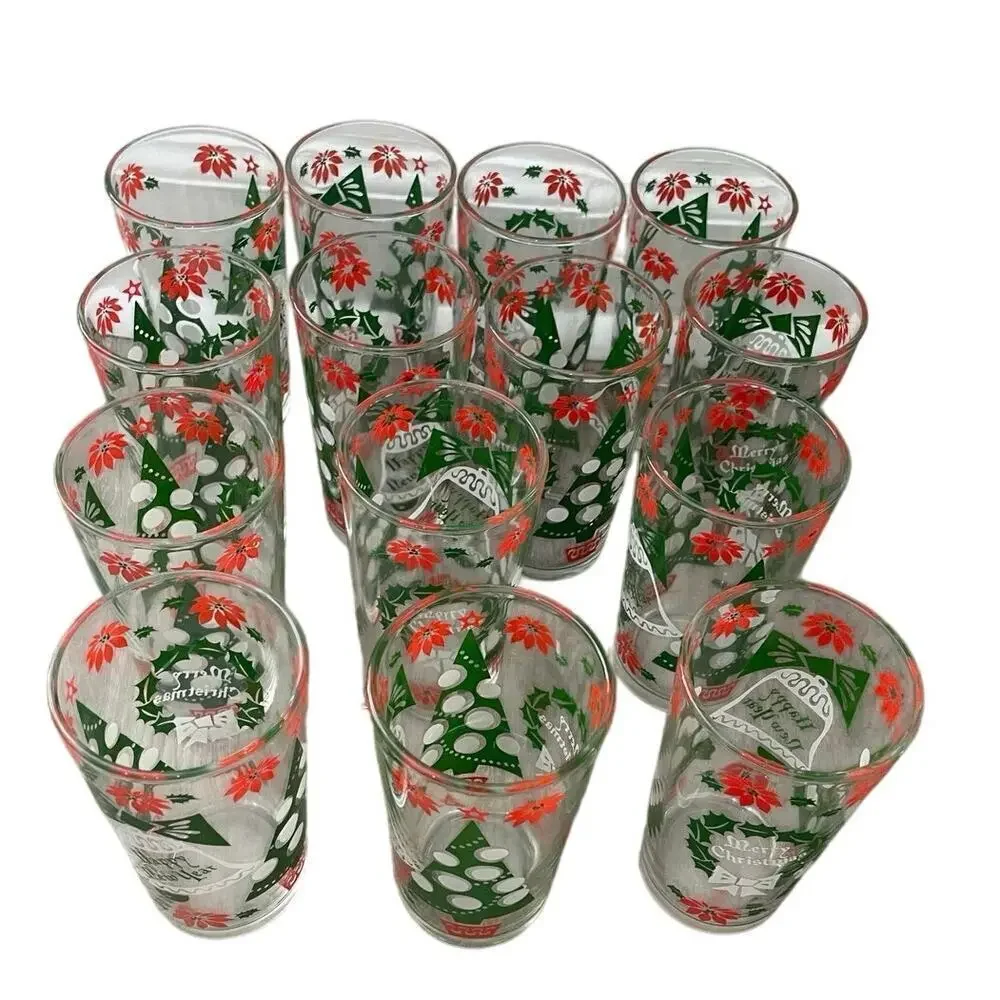 VINTAGE HAZEL ATLAS GLASSES SET OF 14 HOLIDAYS CHRISTMAS WREATH HOLLY BERRY RARE